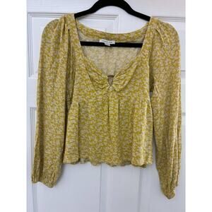 American Eagle Yellow Floral Smocked Peplum Blouse Small